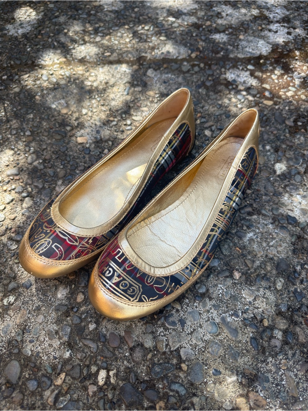 Coach Gold Trim Red & Black Patterned Ballet Flats